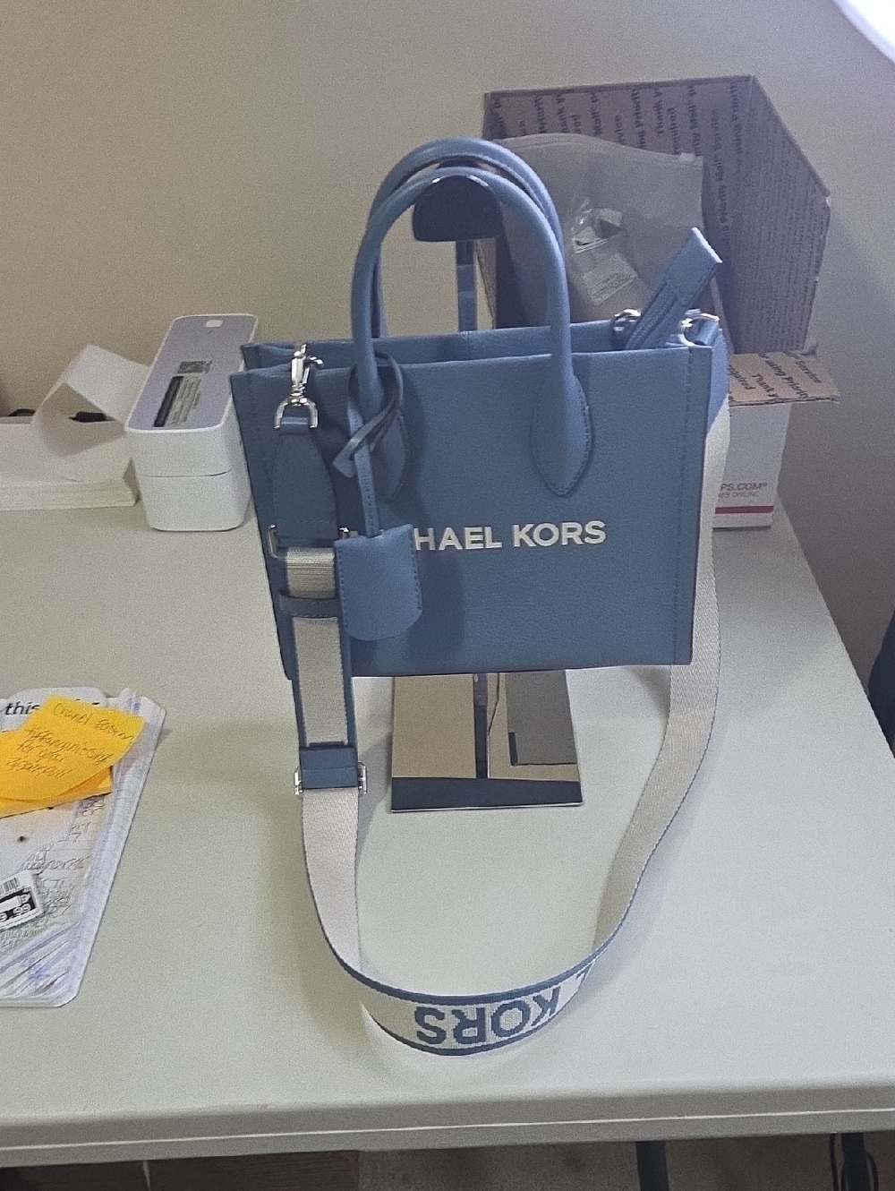 Michael Kors Sky Blue Leather Logo Tote with Wide Strap